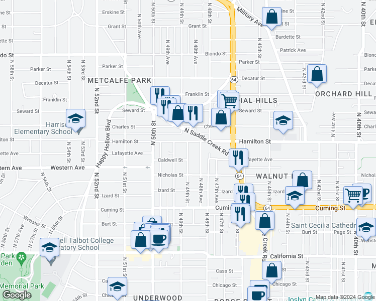map of restaurants, bars, coffee shops, grocery stores, and more near 1205 North 49th Avenue in Omaha
