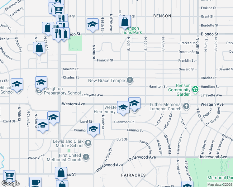 map of restaurants, bars, coffee shops, grocery stores, and more near 6646 Western Avenue in Omaha