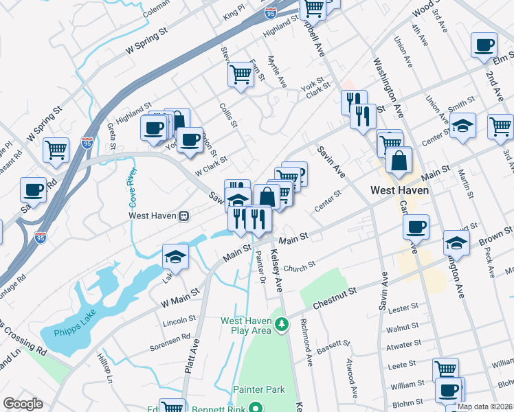 map of restaurants, bars, coffee shops, grocery stores, and more near 500 Elm Street in West Haven