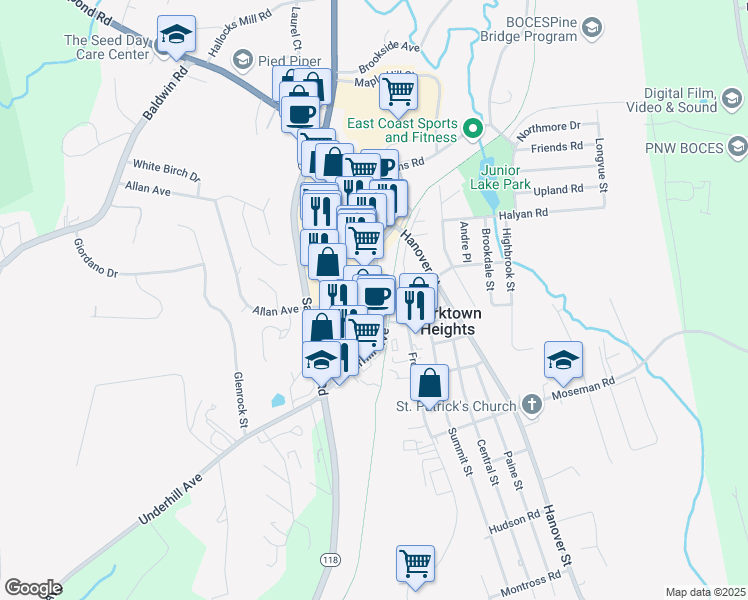 map of restaurants, bars, coffee shops, grocery stores, and more near 1813 Commerce Street in Yorktown Heights