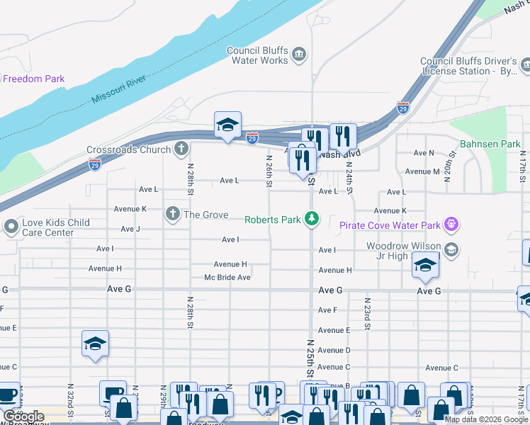 map of restaurants, bars, coffee shops, grocery stores, and more near 1008 North 26th Street in Council Bluffs