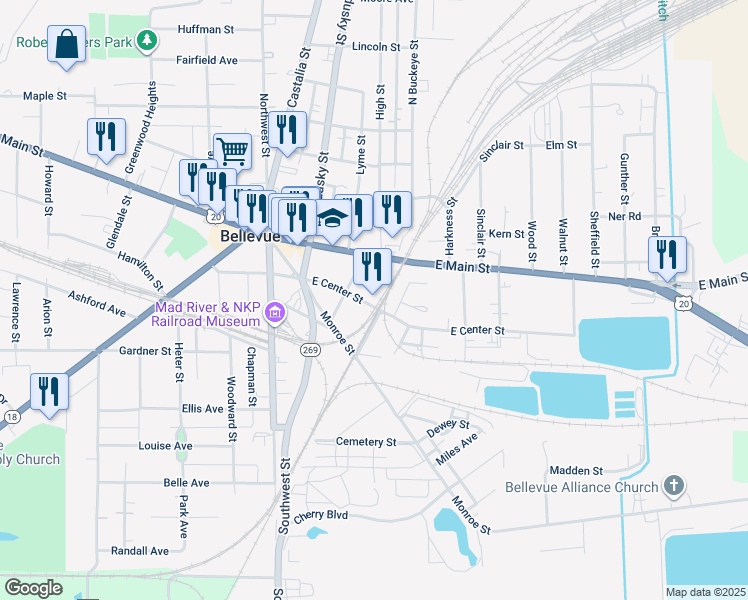 map of restaurants, bars, coffee shops, grocery stores, and more near 213 South Buckeye Street in Bellevue