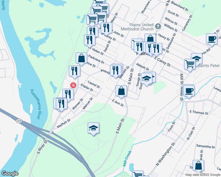 map of restaurants, bars, coffee shops, grocery stores, and more near in Luzerne County