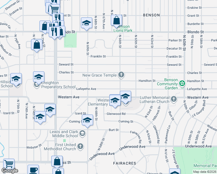 map of restaurants, bars, coffee shops, grocery stores, and more near 6646 Western Avenue in Omaha