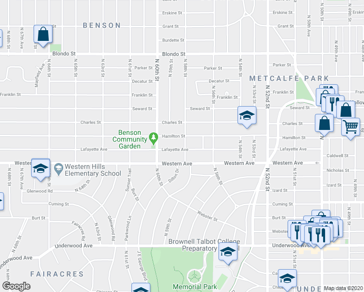 map of restaurants, bars, coffee shops, grocery stores, and more near 5804 Lafayette Avenue in Omaha