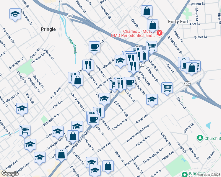 map of restaurants, bars, coffee shops, grocery stores, and more near 10 West Dorrance Street in Kingston