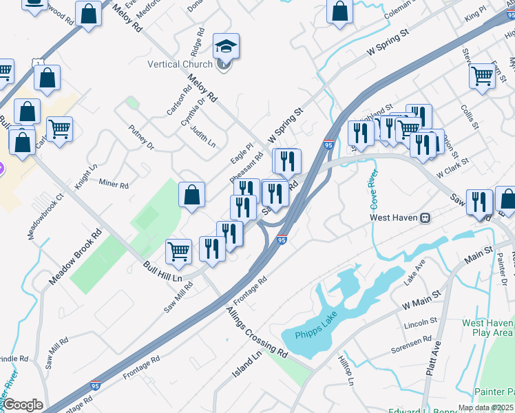 map of restaurants, bars, coffee shops, grocery stores, and more near 465 Connecticut 162 in West Haven