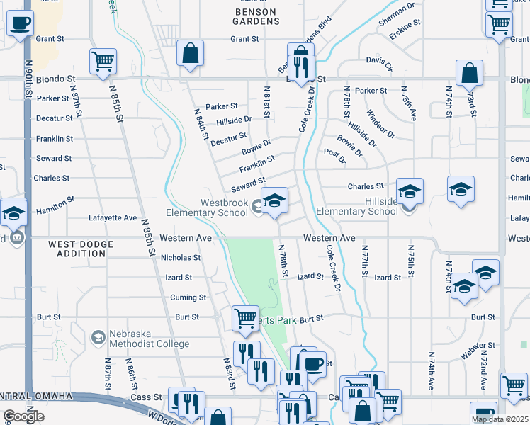 map of restaurants, bars, coffee shops, grocery stores, and more near 1312 Robertson Drive in Omaha