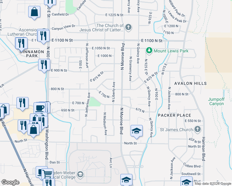 map of restaurants, bars, coffee shops, grocery stores, and more near 736 North Liberty Avenue in Ogden