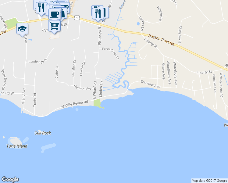 map of restaurants, bars, coffee shops, grocery stores, and more near 152 Middle Beach Road in Madison