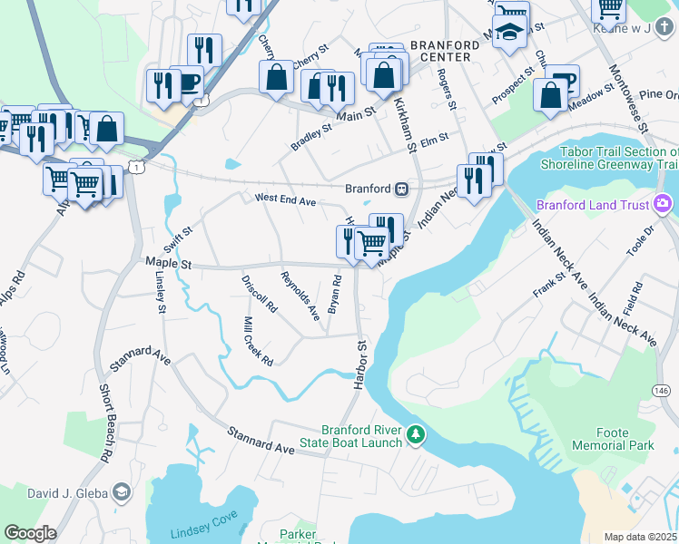 map of restaurants, bars, coffee shops, grocery stores, and more near 25 Bryan Road in Branford