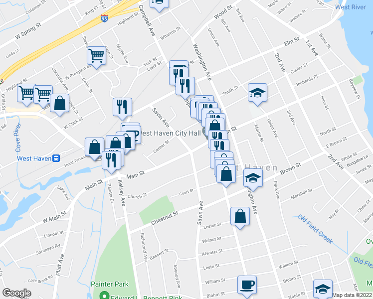 map of restaurants, bars, coffee shops, grocery stores, and more near 426 Main Street in West Haven