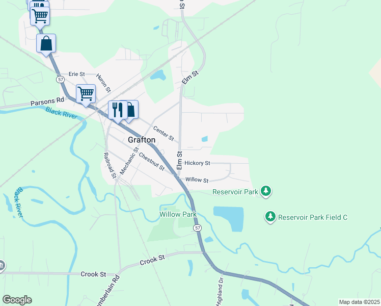 map of restaurants, bars, coffee shops, grocery stores, and more near 1121 Hickory Street in Grafton