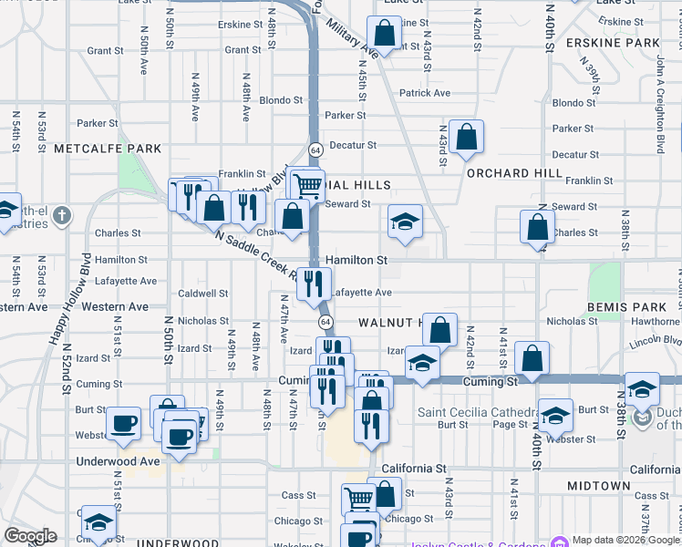 map of restaurants, bars, coffee shops, grocery stores, and more near 4519 Lafayette Avenue in Omaha