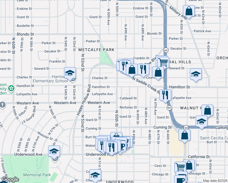 map of restaurants, bars, coffee shops, grocery stores, and more near 5008 Western Avenue in Omaha