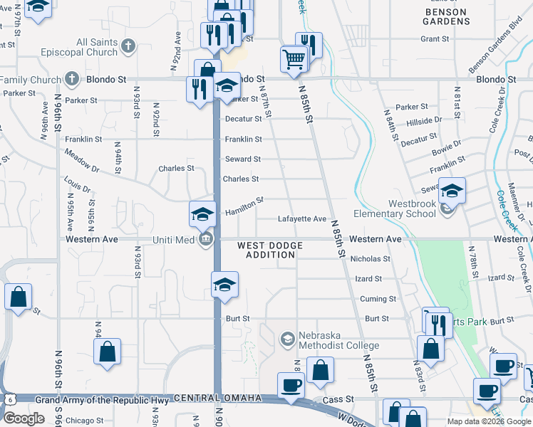 map of restaurants, bars, coffee shops, grocery stores, and more near 8816 Western Avenue in Omaha