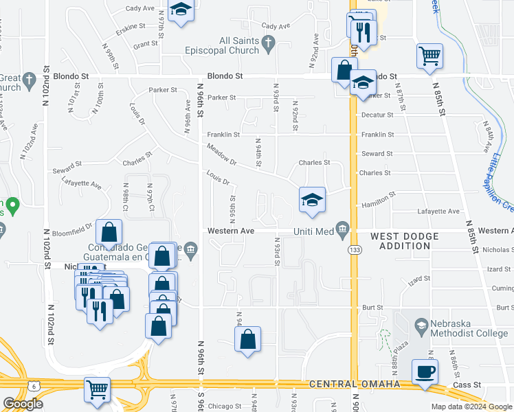 map of restaurants, bars, coffee shops, grocery stores, and more near 9330 Western Avenue in Omaha
