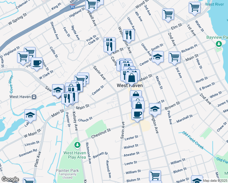 map of restaurants, bars, coffee shops, grocery stores, and more near 426 Main Street in West Haven