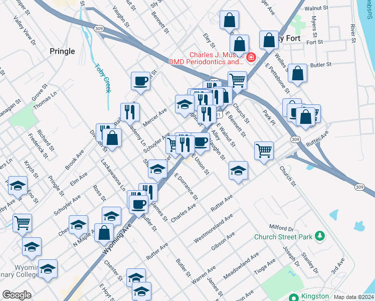 map of restaurants, bars, coffee shops, grocery stores, and more near 1 West Union Street in Kingston