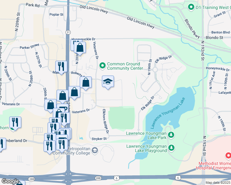 map of restaurants, bars, coffee shops, grocery stores, and more near 1401 Veterans Drive in Omaha