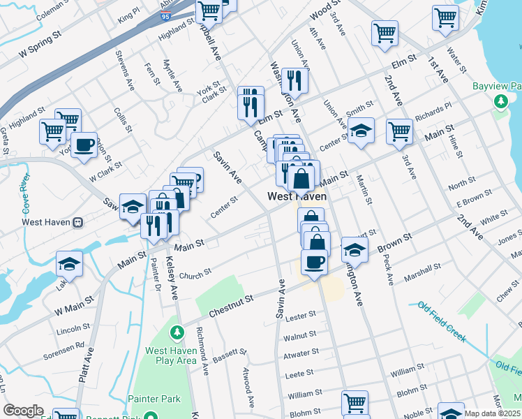 map of restaurants, bars, coffee shops, grocery stores, and more near 405 Main Street in West Haven