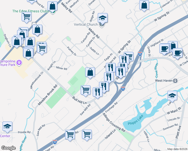 map of restaurants, bars, coffee shops, grocery stores, and more near 110 Pheasant Road in West Haven