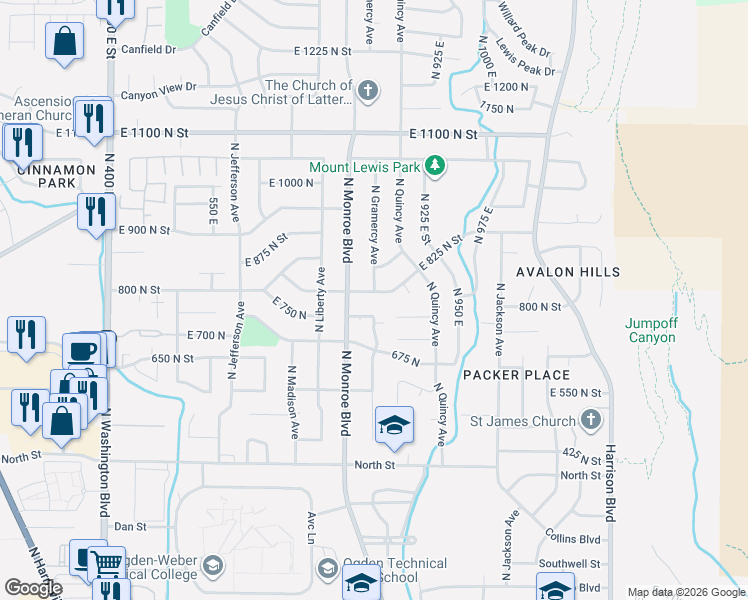 map of restaurants, bars, coffee shops, grocery stores, and more near 819 North Gramercy Avenue in Ogden