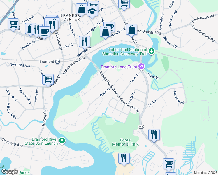 map of restaurants, bars, coffee shops, grocery stores, and more near 17 Indian Neck Avenue in Branford