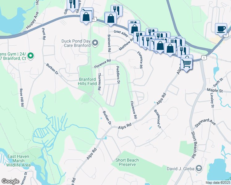 map of restaurants, bars, coffee shops, grocery stores, and more near 149 Peddlers Drive in Branford