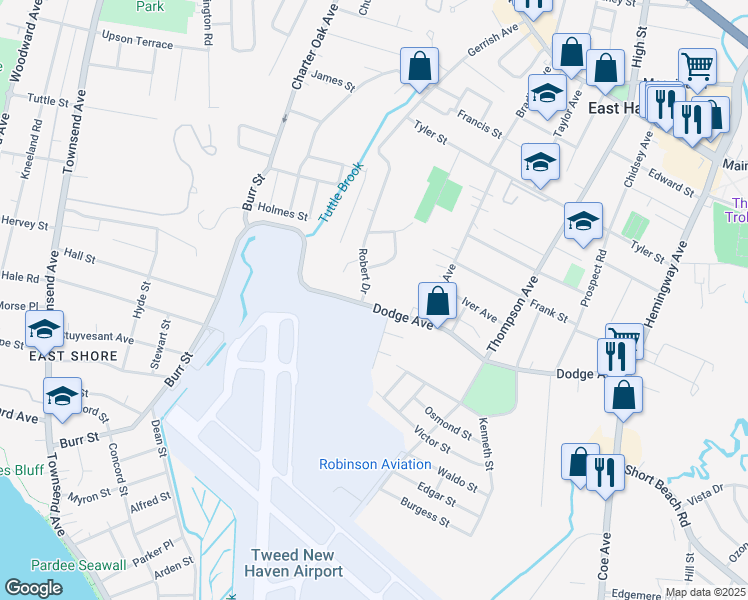 map of restaurants, bars, coffee shops, grocery stores, and more near 16 Robert Drive in East Haven