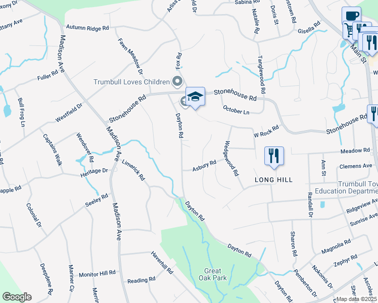 map of restaurants, bars, coffee shops, grocery stores, and more near 450 Dayton Road in Trumbull