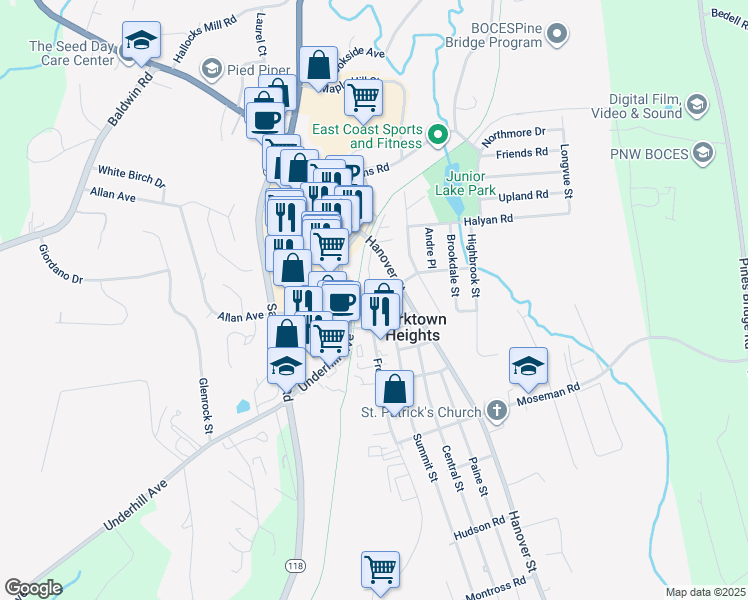 map of restaurants, bars, coffee shops, grocery stores, and more near 1863 Hanover Street in Yorktown Heights