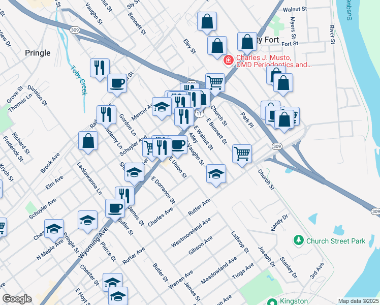 map of restaurants, bars, coffee shops, grocery stores, and more near 715 Wyoming Avenue in Kingston