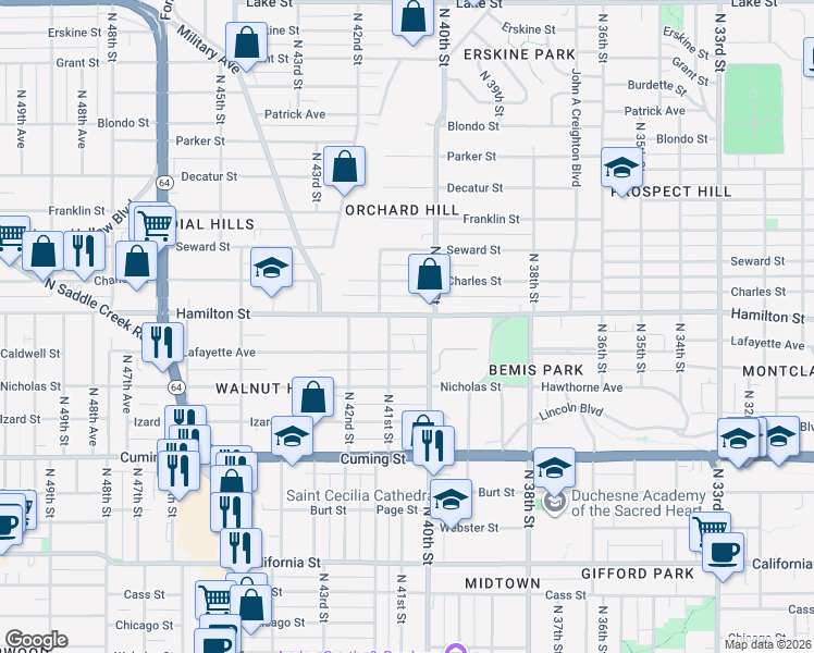 map of restaurants, bars, coffee shops, grocery stores, and more near in Omaha