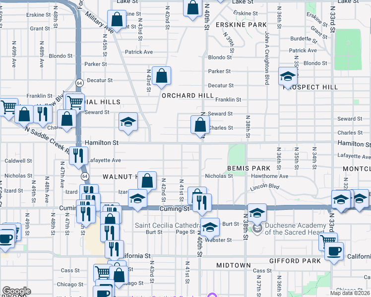 map of restaurants, bars, coffee shops, grocery stores, and more near in Omaha