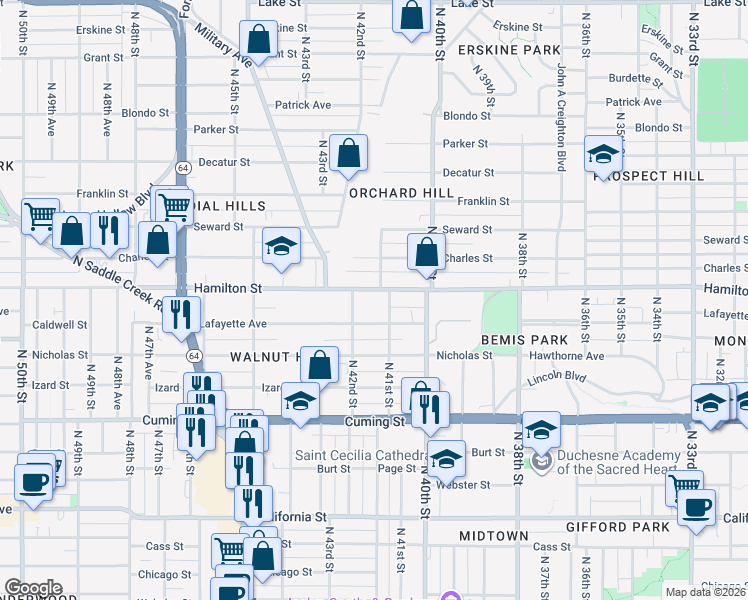 map of restaurants, bars, coffee shops, grocery stores, and more near in Omaha