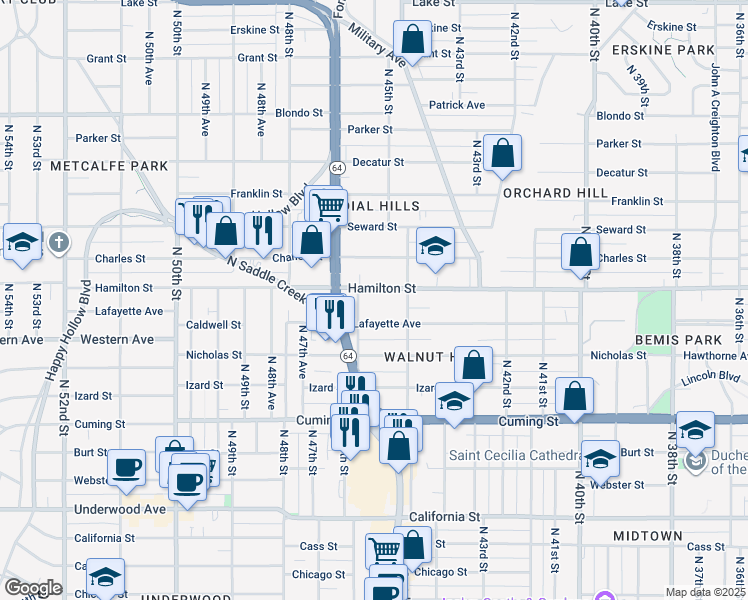 map of restaurants, bars, coffee shops, grocery stores, and more near 4526 Hamilton Street in Omaha