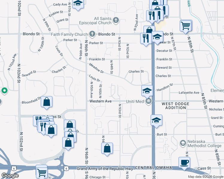 map of restaurants, bars, coffee shops, grocery stores, and more near 9350 Western Avenue in Omaha