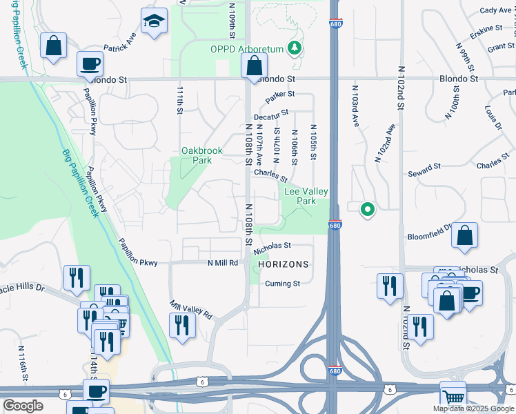 map of restaurants, bars, coffee shops, grocery stores, and more near 23 Hamilton Plaza in Omaha