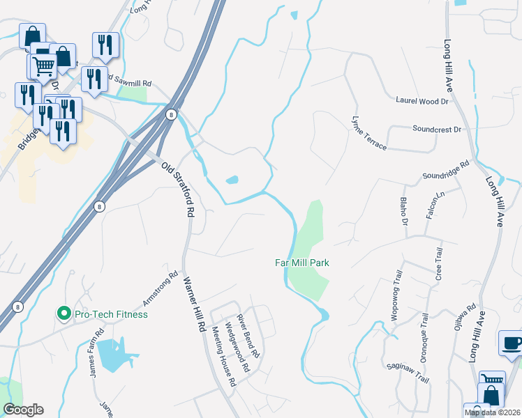 map of restaurants, bars, coffee shops, grocery stores, and more near 24 Andrew Drive in Shelton