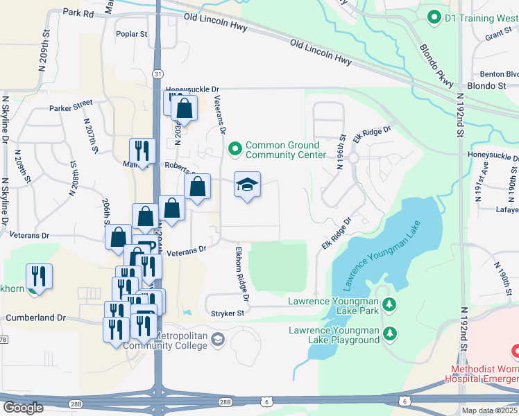 map of restaurants, bars, coffee shops, grocery stores, and more near 1401 Veterans Drive in Omaha