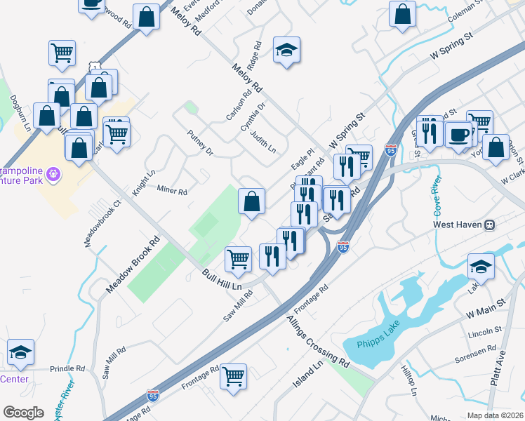 map of restaurants, bars, coffee shops, grocery stores, and more near 110 Pheasant Road in West Haven