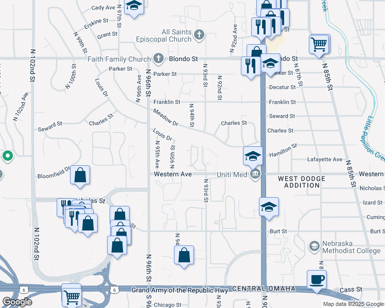 map of restaurants, bars, coffee shops, grocery stores, and more near 9350 Western Avenue in Omaha