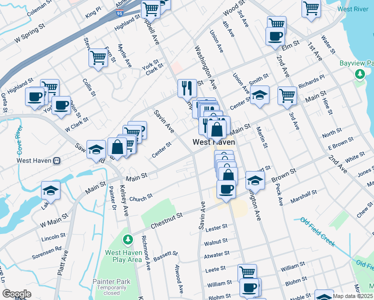 map of restaurants, bars, coffee shops, grocery stores, and more near 714 Savin Avenue in West Haven