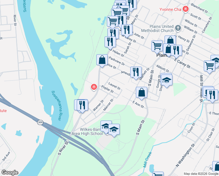 map of restaurants, bars, coffee shops, grocery stores, and more near 43 Laurel St in Plains