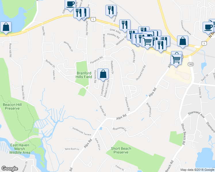 map of restaurants, bars, coffee shops, grocery stores, and more near 721 Robert Frost Drive in Branford