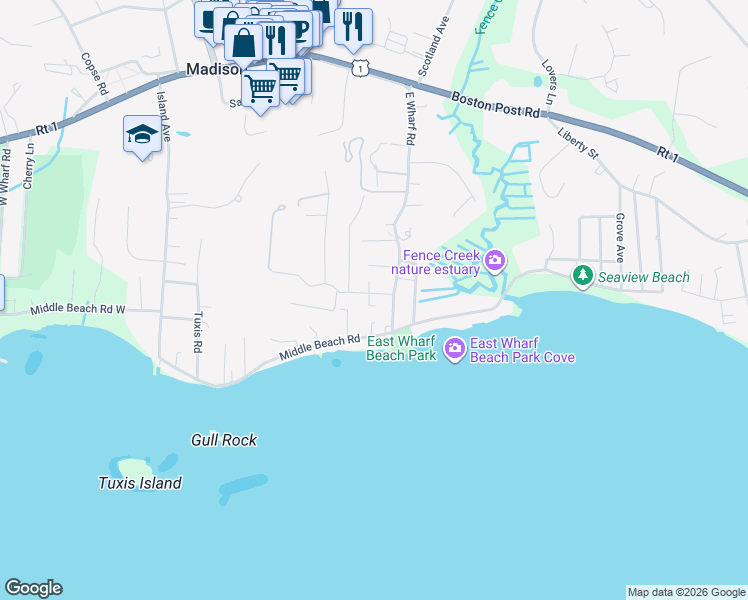 map of restaurants, bars, coffee shops, grocery stores, and more near 94 East Wharf Road in Madison
