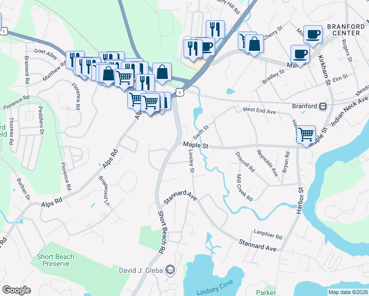 map of restaurants, bars, coffee shops, grocery stores, and more near 30 Short Beach Road in Branford