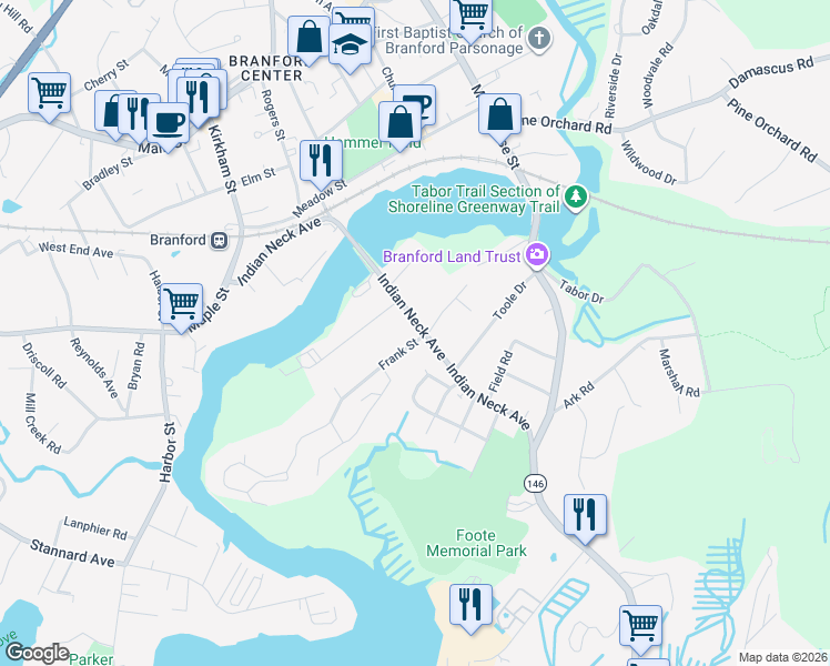 map of restaurants, bars, coffee shops, grocery stores, and more near 25 Indian Neck Avenue in Branford