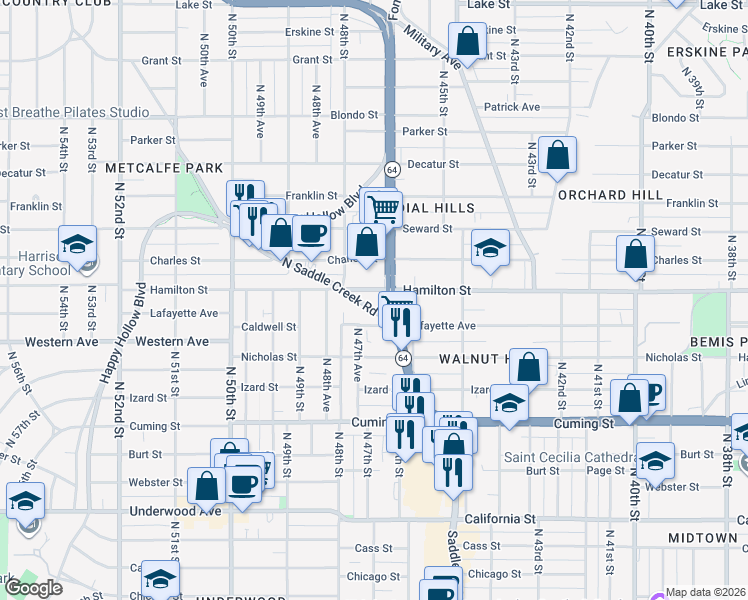 map of restaurants, bars, coffee shops, grocery stores, and more near in Omaha